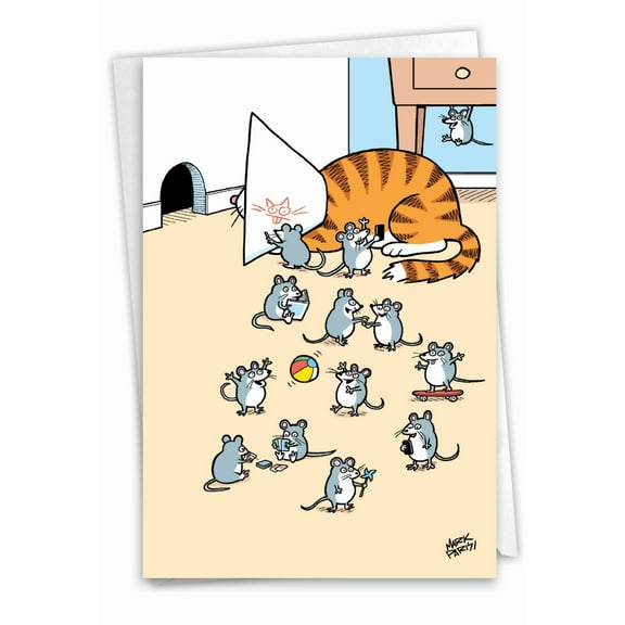 NobleWorks Funny Birthday Greeting Card with 5 x 7 Inch Envelope (1 Card) Bday Mouse Party Time - Cat C2438BDG