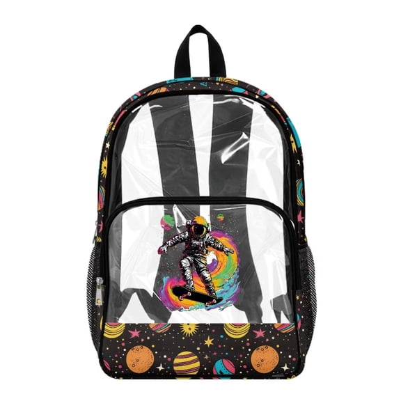 FKELYI Clear Backpack for Boys 17 Inch Schoolbag Lightweight Kids Backpacks Starry Planet Astronaut Print Transprent Book Bag for Primary School Daypack Rucksack