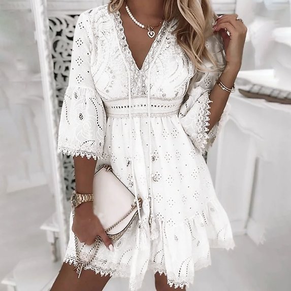 Usmixi Womens Dresses Wedding Guest Elegant Lace Trim Empire Waist Swing A Line Mini Dresses with Strappy Summer Solid V-Neck 3/4 Sleeve Formal Short Dress White XL