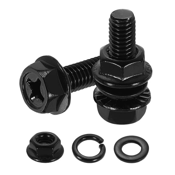 M6 x 20mm 10Pcs Phillips Flanged Hex Bolts with Nuts, Flat & Lock Washers, Black