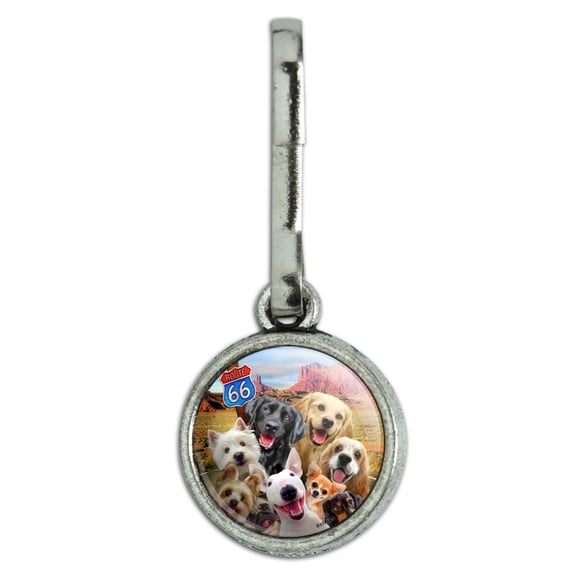 Route 66 Southwest Dogs Selfie Lab Retriever Westie Antiqued Charm Clothes Purse Suitcase Backpack Zipper Pull Aid