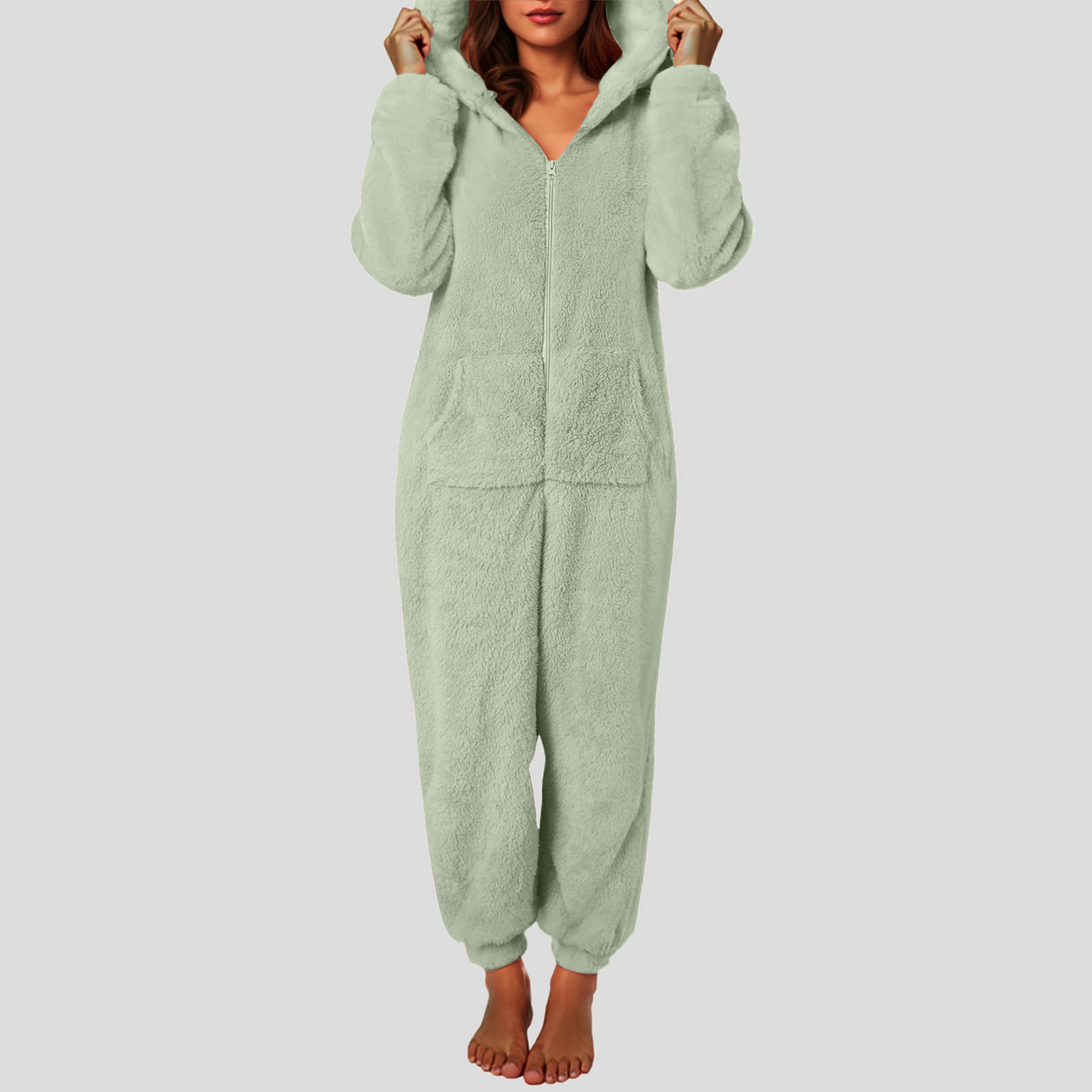 Rotm Thermal Onesie Onesie Pajamas for Women Zip Up Plush Fleece Warm Jumpsuit Sleepwear Winter Cute Ear Hooded Fuzzy Lounge Romper Pjs Light Green,S