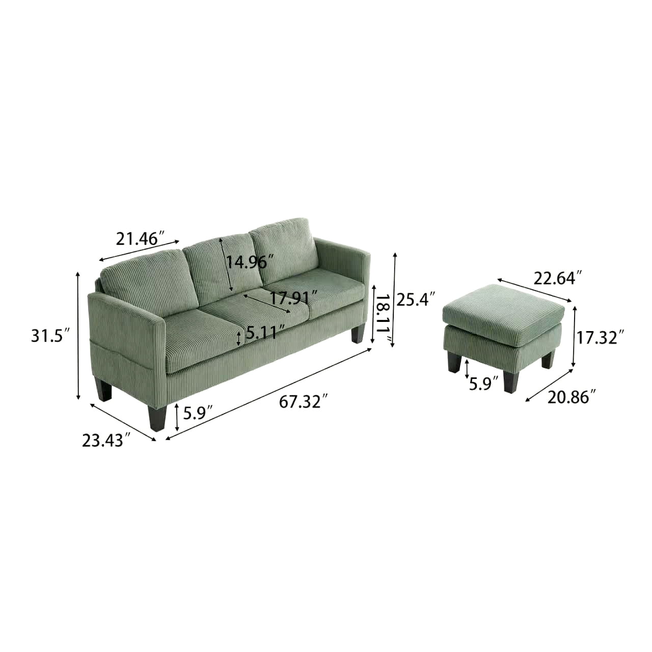 Gewnee Modular Sectional Chaise Sofa,3-Seat L-Shaped Corduroy Upholstered Couch With Detachable Storage Ottoman,Modern Couch For Living Room,Apartment,Olive Green