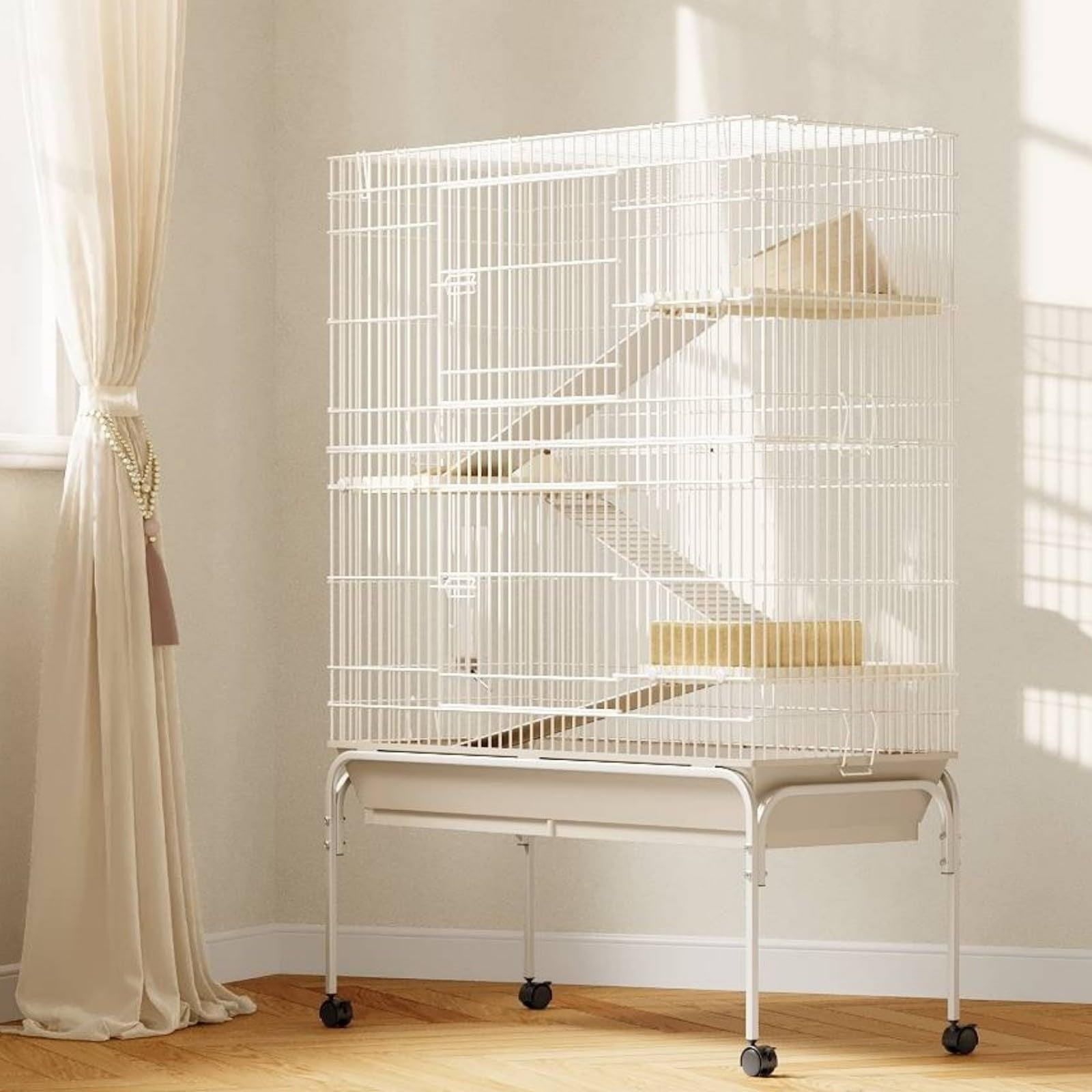 TEQIN 3 Tiers Small Animal Critter Cage,55" h Ferret Cage  with 3 Removable Ramps,Food Bowl, Water Bottle, Metal Small Animal Cages on Wheels for Chinchillas, Guinea Pigs, Rabbit, Sugar