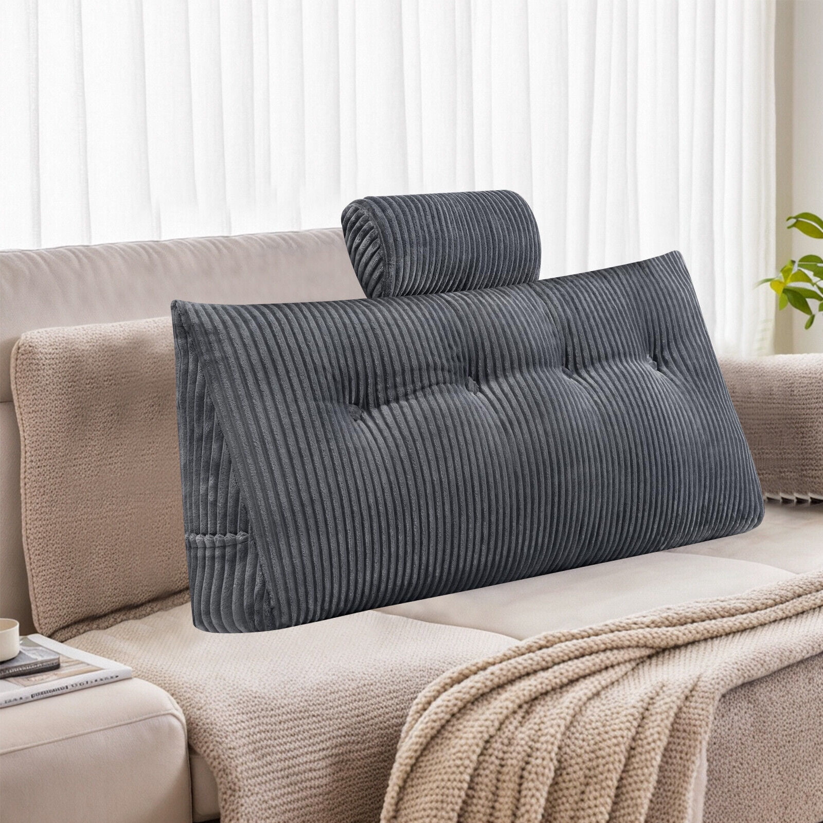 TOPCHANCES Headboard Reading Pillow with Pocket, Triangular Wedge Bedside Backrest Support Cushion with Detachable Neck Roll Pillow, Grey, 39x8x20 Inches