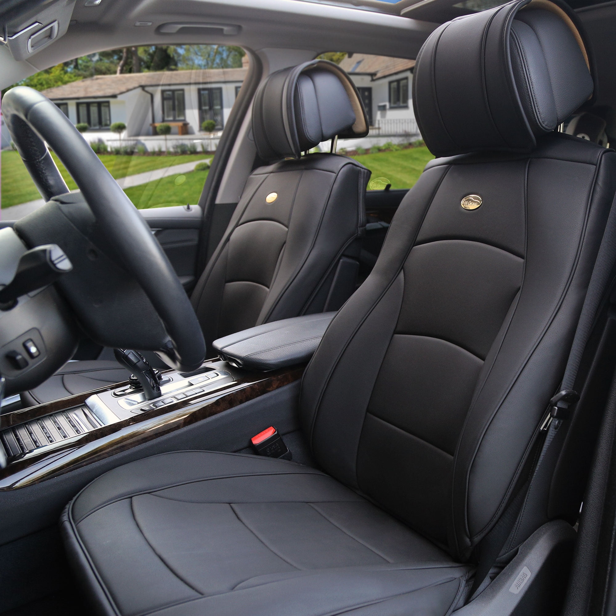 Fh Group Deluxe Leather Seat Cushions Thick High Density Backing Non Slip Silicone Front Buckets Solid Black