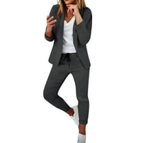 QUYUON Blazer Sets Women 2 Piece Outfits Business Casual Long Sleeve Open Front Blazer Jacket Drawstring Elastic Waist Joggers Pants Sets Solid Blazer Suits Two Piece Outfits H-Dark Gray XXL