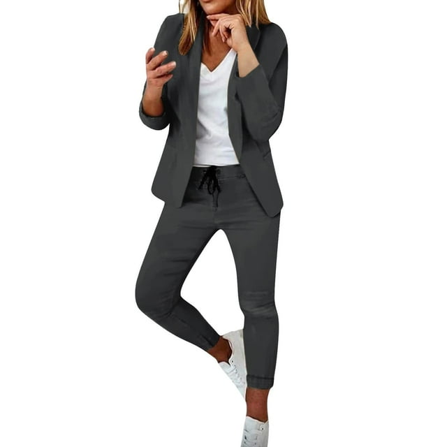 Womens Business Work Suit Set Long Sleeve Open Front Blazer with Slim Fit Suit Pants Basic Work Office Formal Suit Sets