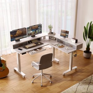 63 L Shaped Standing Desk with Drawers & Dual Motor Electric Height Adjustable Standing Desk | White