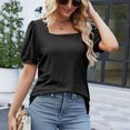 thumbnail image 2 of Women Short Puff Sleeve Blouse Pure Color Hollow Out Loose Casual Summer Pullover T Shirt Black XXL, 2 of 8