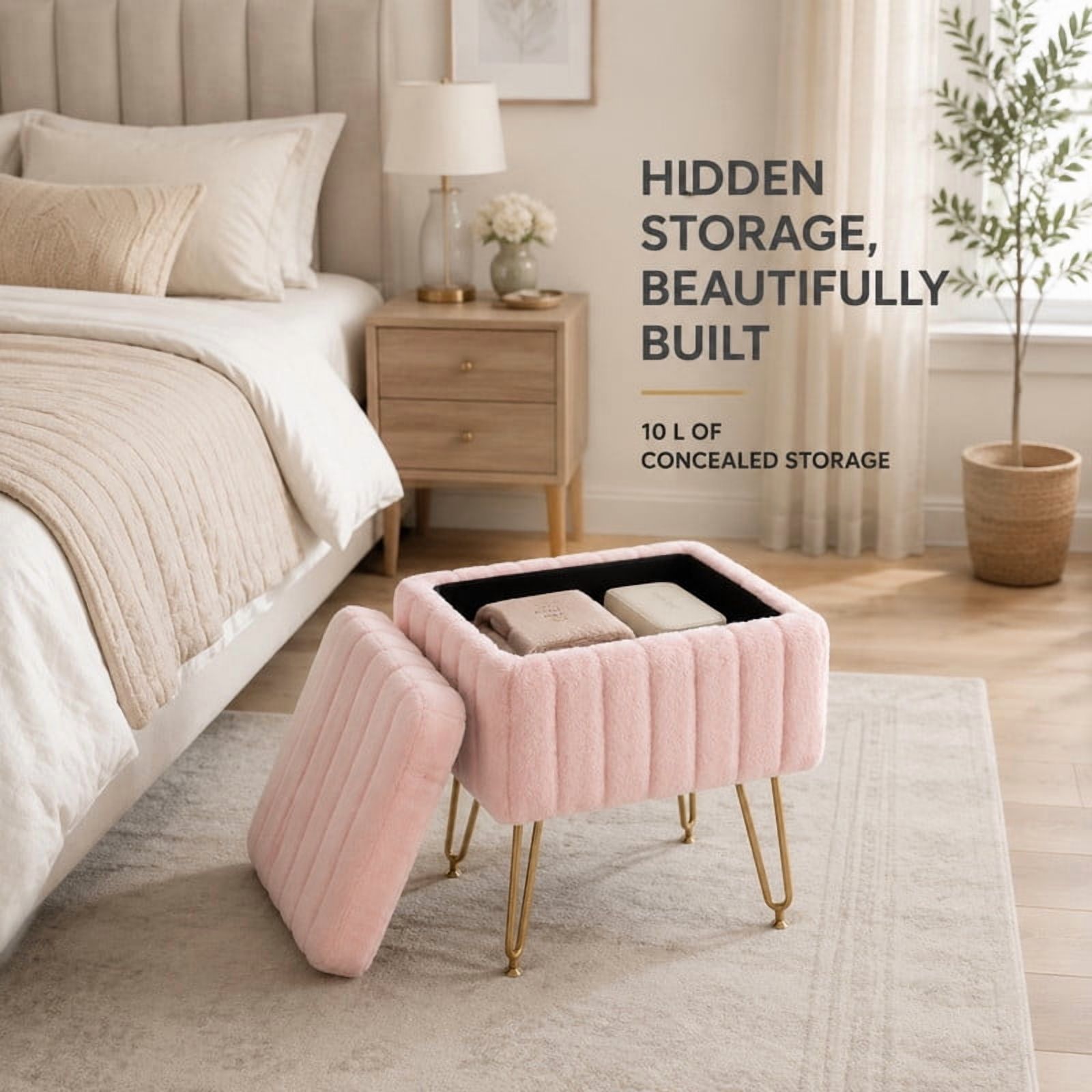 BEAUTYPEAK Vanity Stool with Storage Faux Fur Padded Makeup Ottoman with Gold Metal Legs and Adjustable Feet 18.9" Footstool, Pink