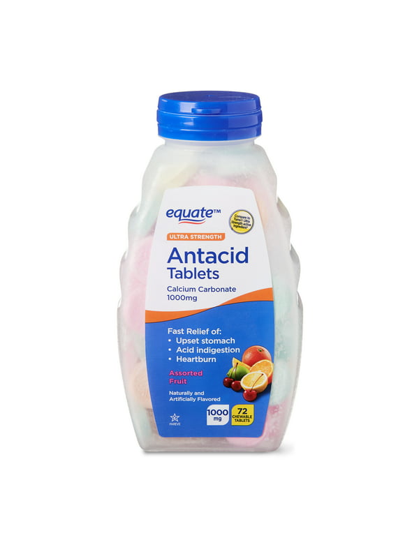 Equate Ultra Strength Antacid Chewable Fruit Tablets, over the Counter, 1000 mg, 72 Ct