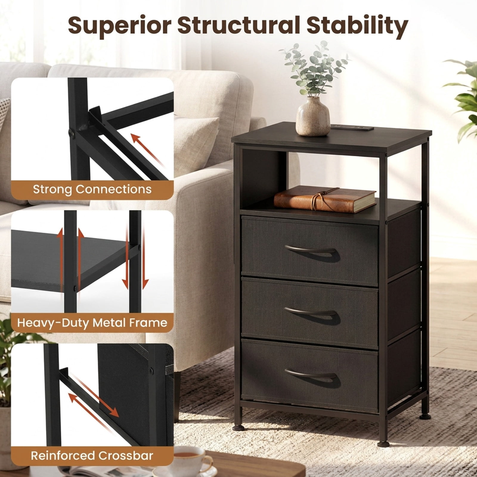 Furnibear Nightstand with Charging Station 27.5 inch Modern Bedside Table with 3 Fabric Drawers for Bedroom Living Room Bedside Sofa Side, Black