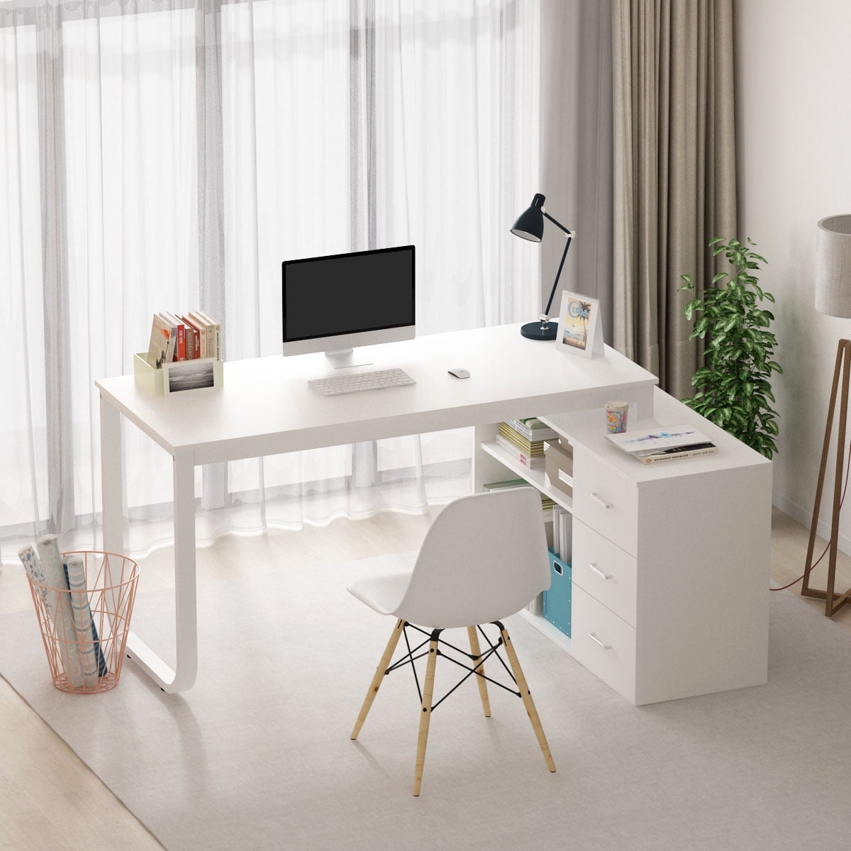 KULAGAGA L Shaped Computer Desk Corner Writing Workstation Table with Cabinet Drawer Storage for Home Office Study, White