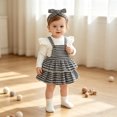 thumbnail image 2 of ZHOGXU Baby Girls Houndstooth Outfit Fly Sleeve Top Suspender Skirt Matching Houndstooth Bow Headband 3PCS Set For Kids,White,6-12 Months, 2 of 9