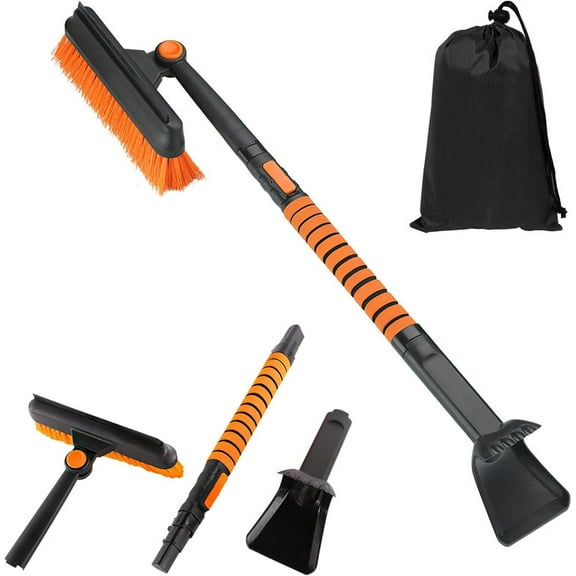 KoRwelex 90° Fixed Rotation 3-in-1 Car Snow Brush and Ice Scraper for Cars Windshield with Silicone Squeegee Ergonomic Aluminum Foam Grip Handle 38.9" Extendable for Car SUV Home Winter Snow Removal