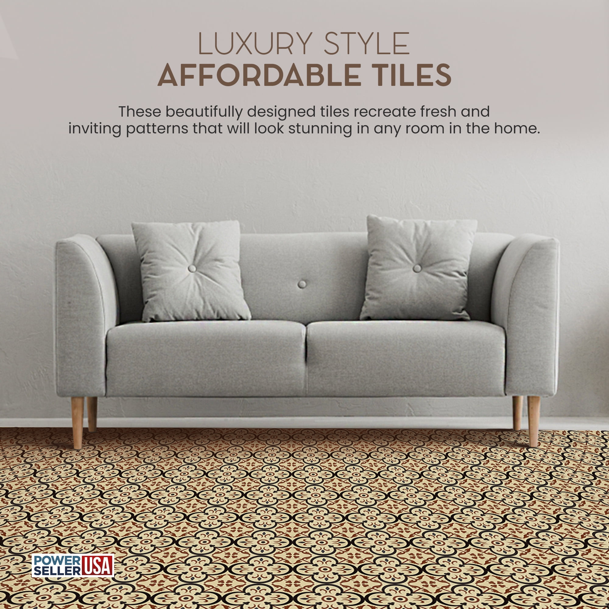 PowerSellerUSA Self-Stick Vinyl Modern Geometric Floor Tiles Ultra Durable 1.5mm Thick Tiles, 5-Pack/100 Square Ft., 12" x 12", Beige Burch