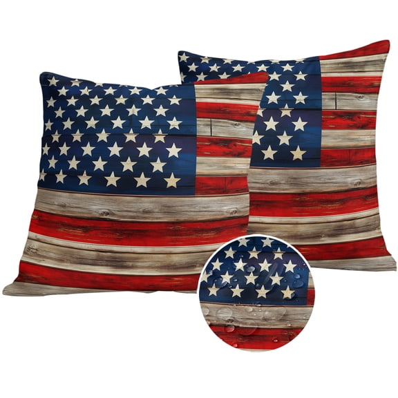 Vintage American Flag Outdoor Pillow Covers 18x18 Set of 2,Waterproof Patio Throw Pillowcase Protectors,Blue Star Red Striped Wooden Decorative Pillow Shams Cushion Covers for Seat Bed Couch Sofa
