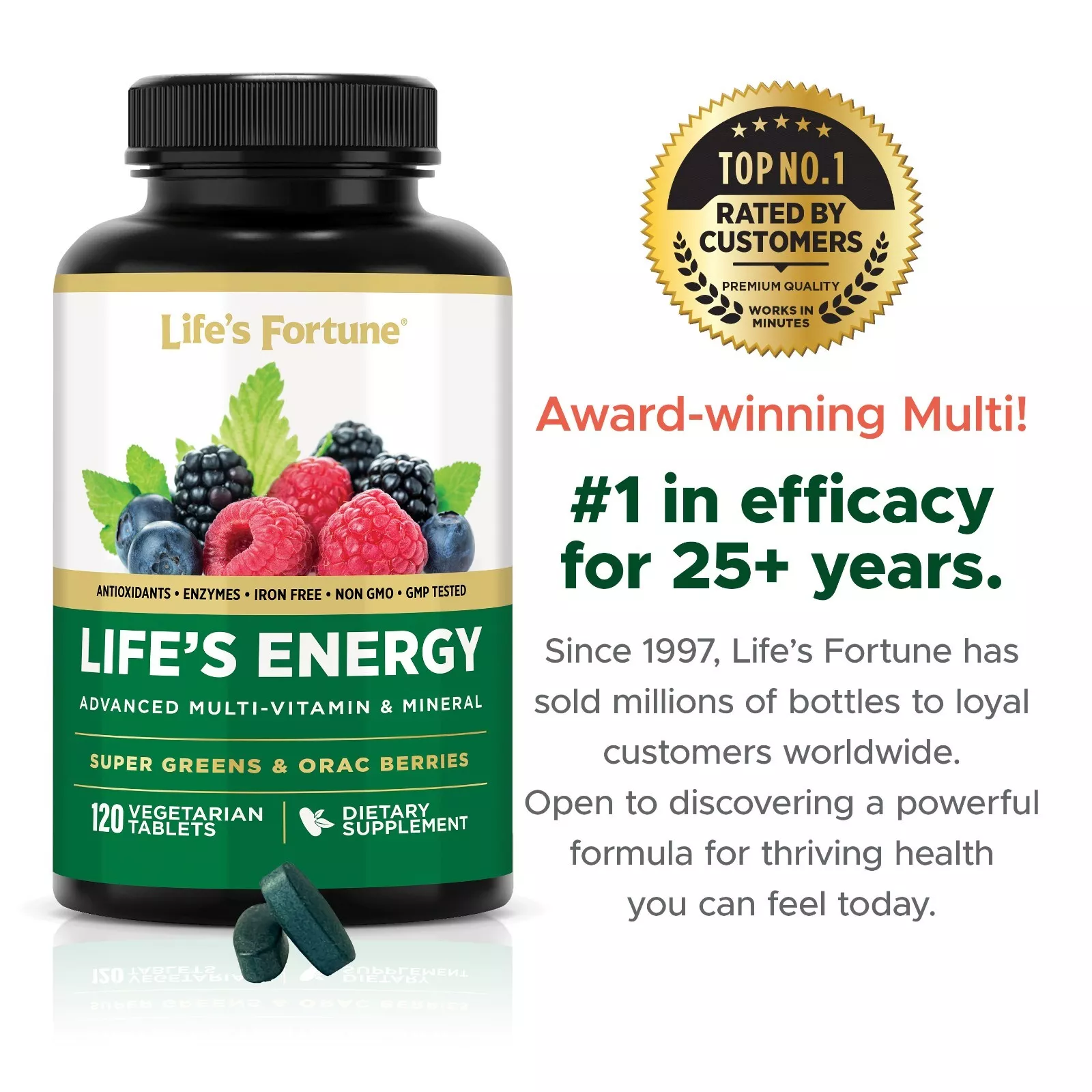 Life's Fortune Life's Energy Advanced Multi-Vitamin and Mineral Non-GMO - Super Greens - ORAC Berries - Antioxidants - Enzymes - Iron Free - GMP Tested, 120 Veggie Tablets