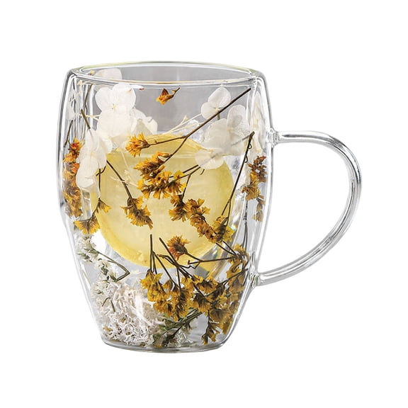 Ruanlalo 350ML Double Wall Glass Coffee Mug Dries Flower Insulated Glass Cup with Handle Clear Espresso Latte Cappuccino Milk Juice Tea Water Cup