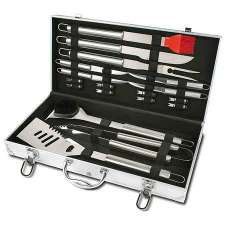 - Chefs Basics HW5305 18-Piece Stainless-Steel Barbecue Grilling Tool Accessories Utensils Set with Spatula, Tongs, Forks, Brush, and Carrying Case