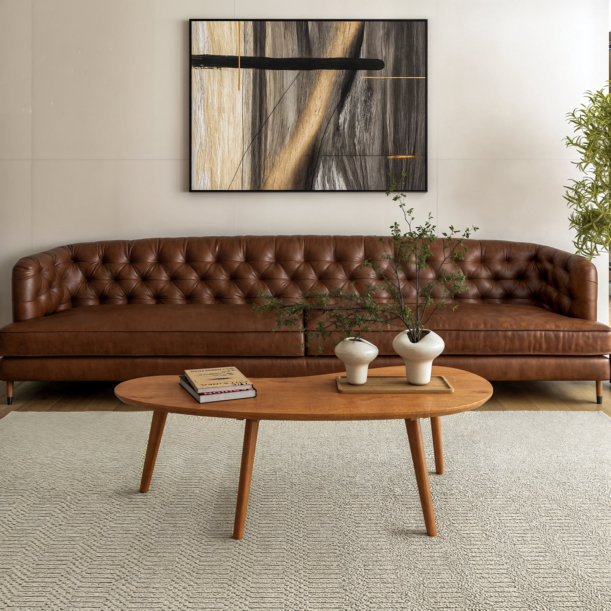 Camaflexi Coffee Table, Mid Century Modern Wood Frame, Oval Top, Castanho Finish
