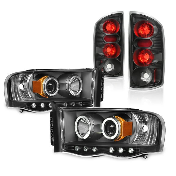 AKKON - For 2003-05 Dodge Ram   2002 Ram 1500 Dual Halo DRL Projector LED Headlights   Tail Lights [Black Housing]