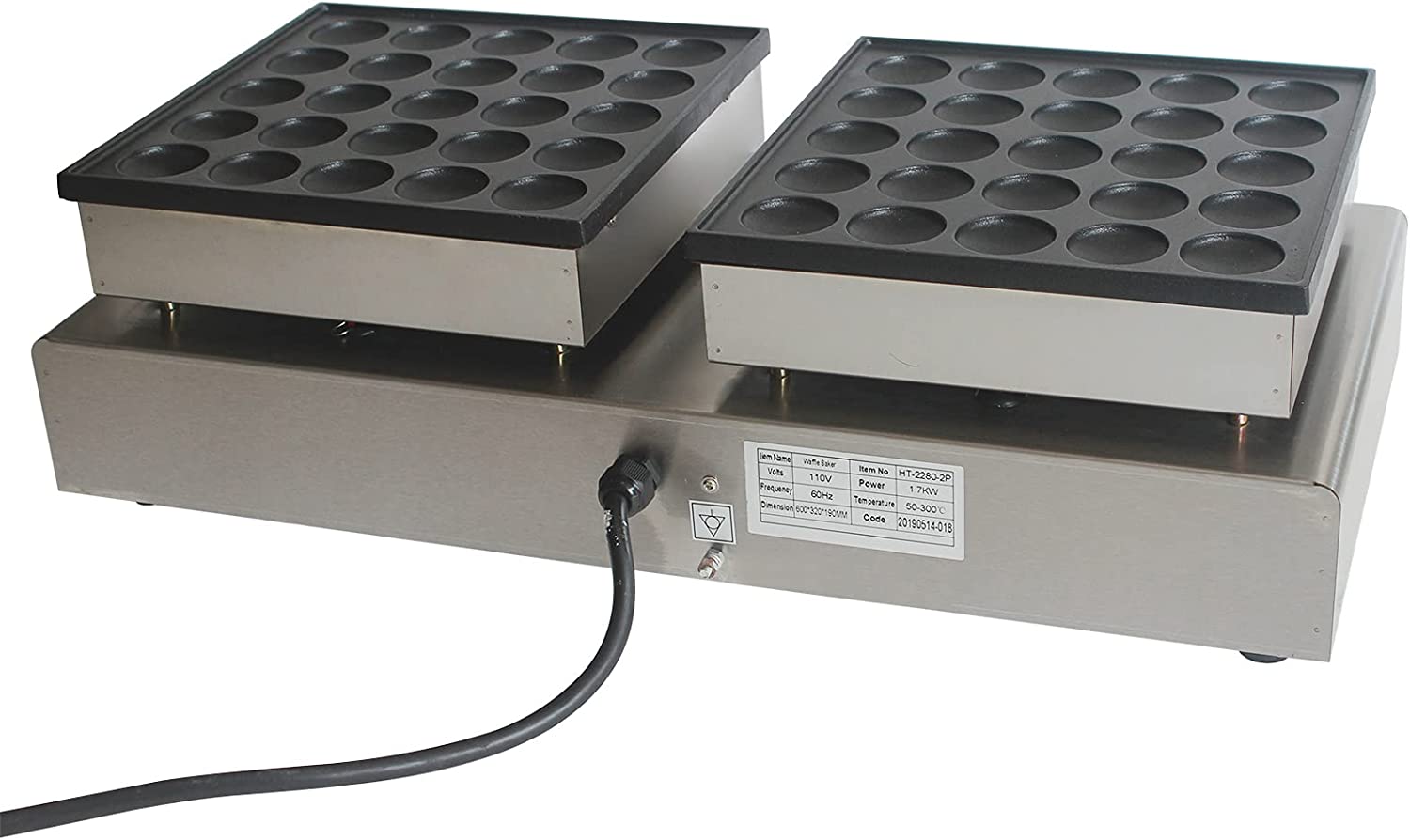FETCOI Commercial Waffle Maker Machine 50 Holes Mini Dutch Pancakes Maker Stainless Steel Electric Waffle Machine 1600W with 2Pcs Non-stick Pan