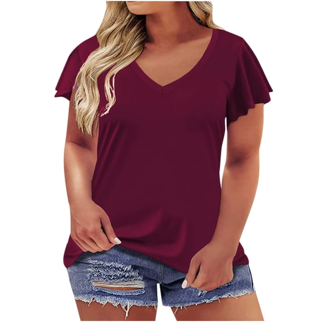 Timegard Womens Tops Ruffle Cap Sleeve Plus Size V Neck Tunic Tops Dressy Casual Drop Shoulder Blouse