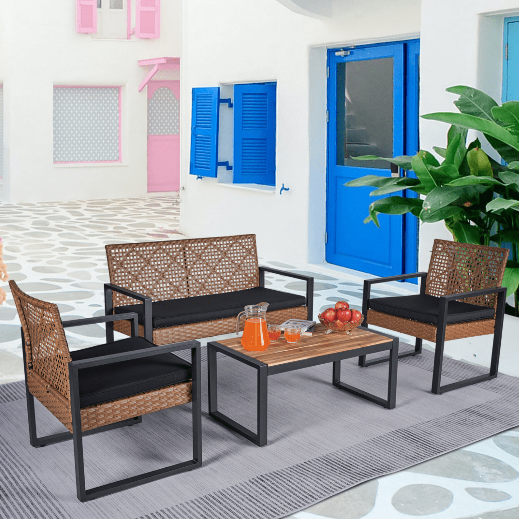 Aimee Lii 4-Piece Patio Furniture Set for Outdoor Balcony Porch Garden Backyard Lawn, Acacia Wood Table Top, Black Cushion Aimee Lii 4-Piece Patio Furniture Set for Outdoor Balcony Porch Garden Backyard Lawn, Acacia Wood Table Top, Black Cushion