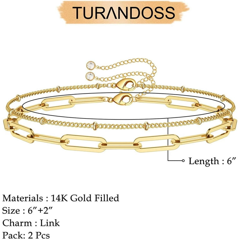 Turandoss Dainty Layered Bracelets for Women 14K Gold Filled Adjustable Layering Oval Chain Bracelet Cute Gold Layered Bead Chain Bracelets for Women