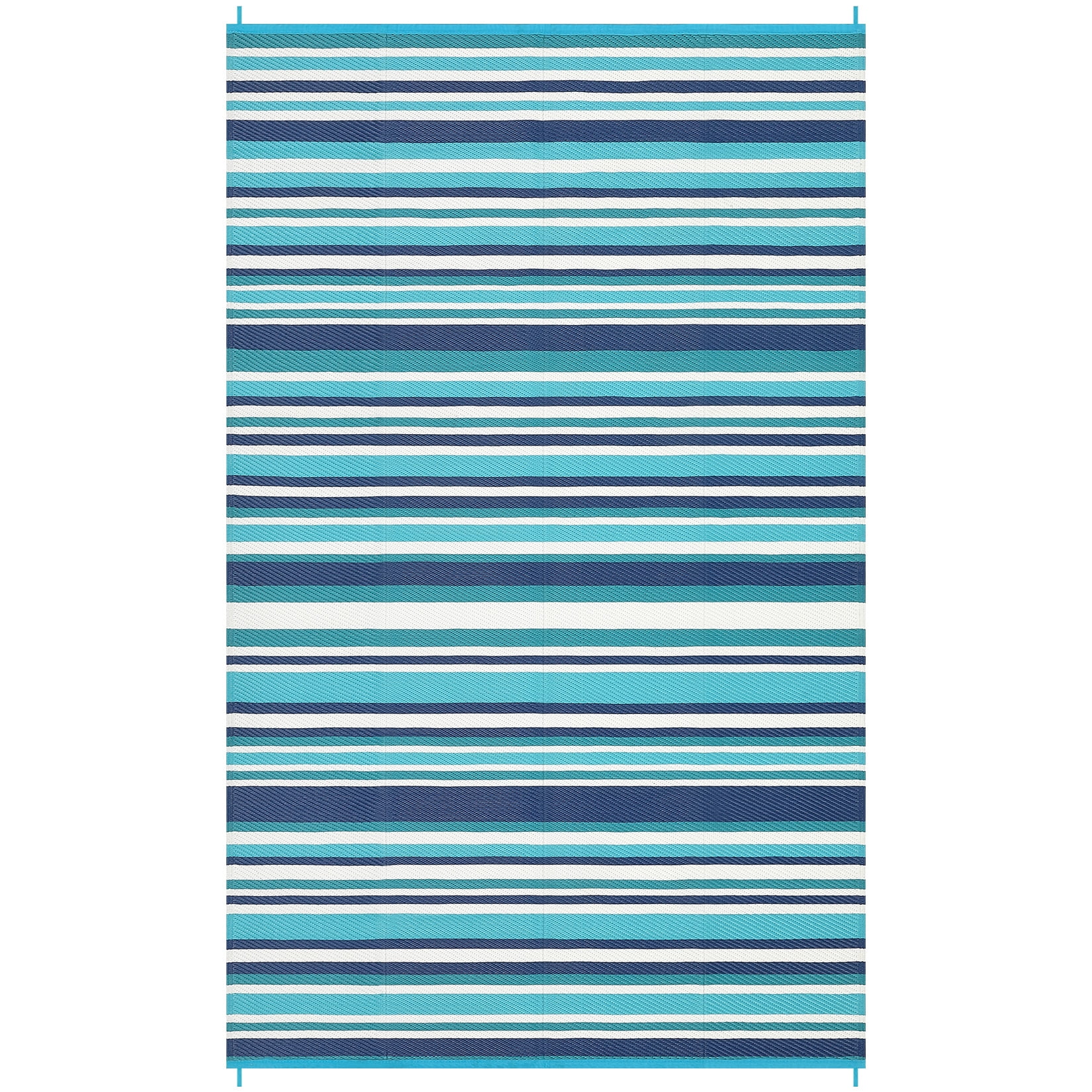 Nanan 9x18 Waterproof Outdoor Patio Rug, Reversible Plastic Straw Mat, Modern Striped Patio Carpet for RV, Camping, Balcony, Poolside & Garden, Blue/Multi
