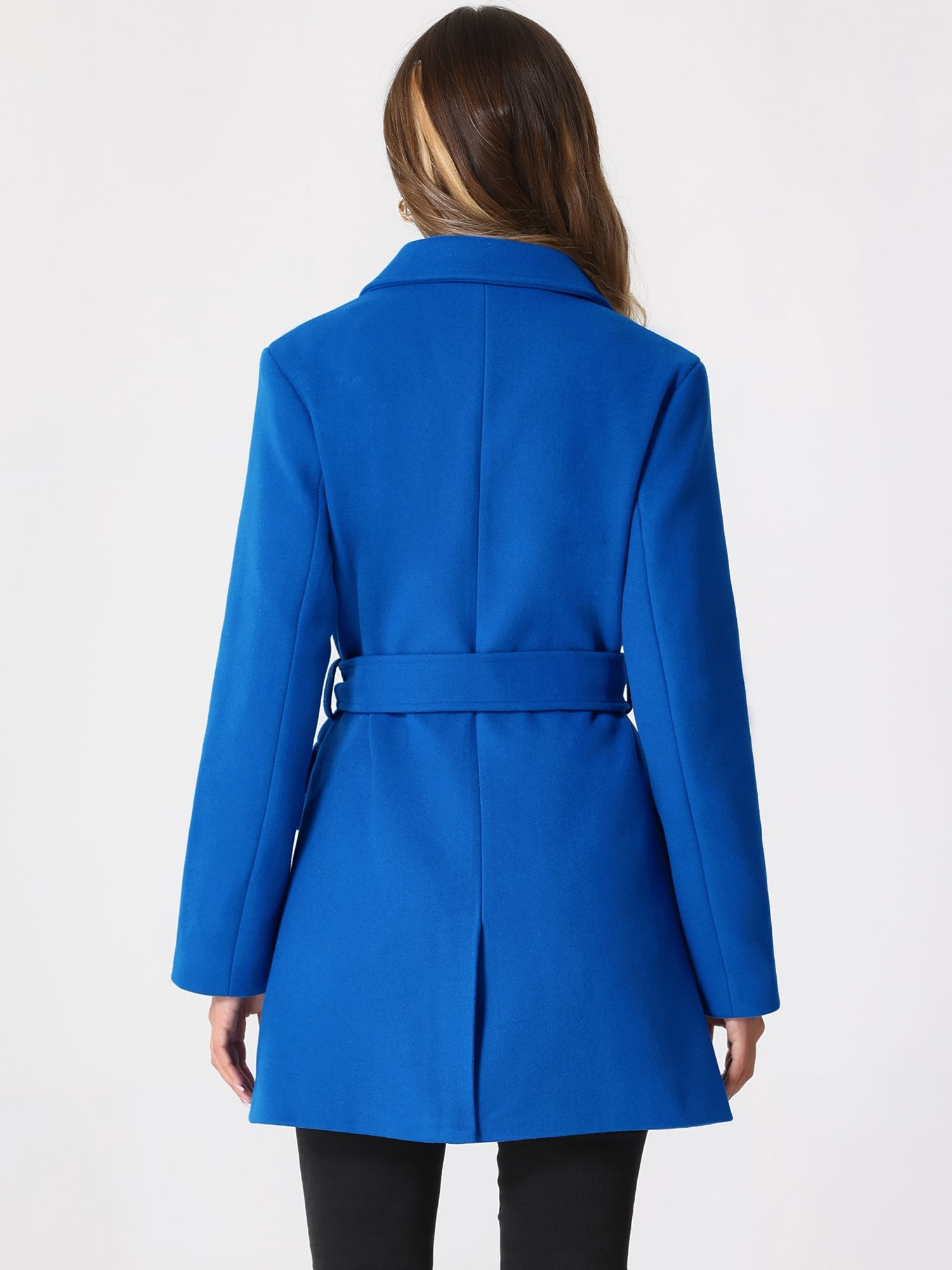 DARING DIVA Women's Notched Lapel Double Breasted Belted Trench Coat Blue S