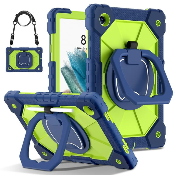 ELEHOLD Heavy Duty Case for Samsung Galaxy Tab A8 10.5 (2022), 3-Layer Rugged 360 Rotating Kickstand Handle Grip Shoulder Strap Kids Friendly Shockproof Galaxy Tab A8 Case X200/X205,Navy Green