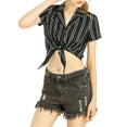 thumbnail image 5 of MODA NOVA Junior's Striped Button Up Short Sleeve Tie Front Crop Shirt Black L, 5 of 6