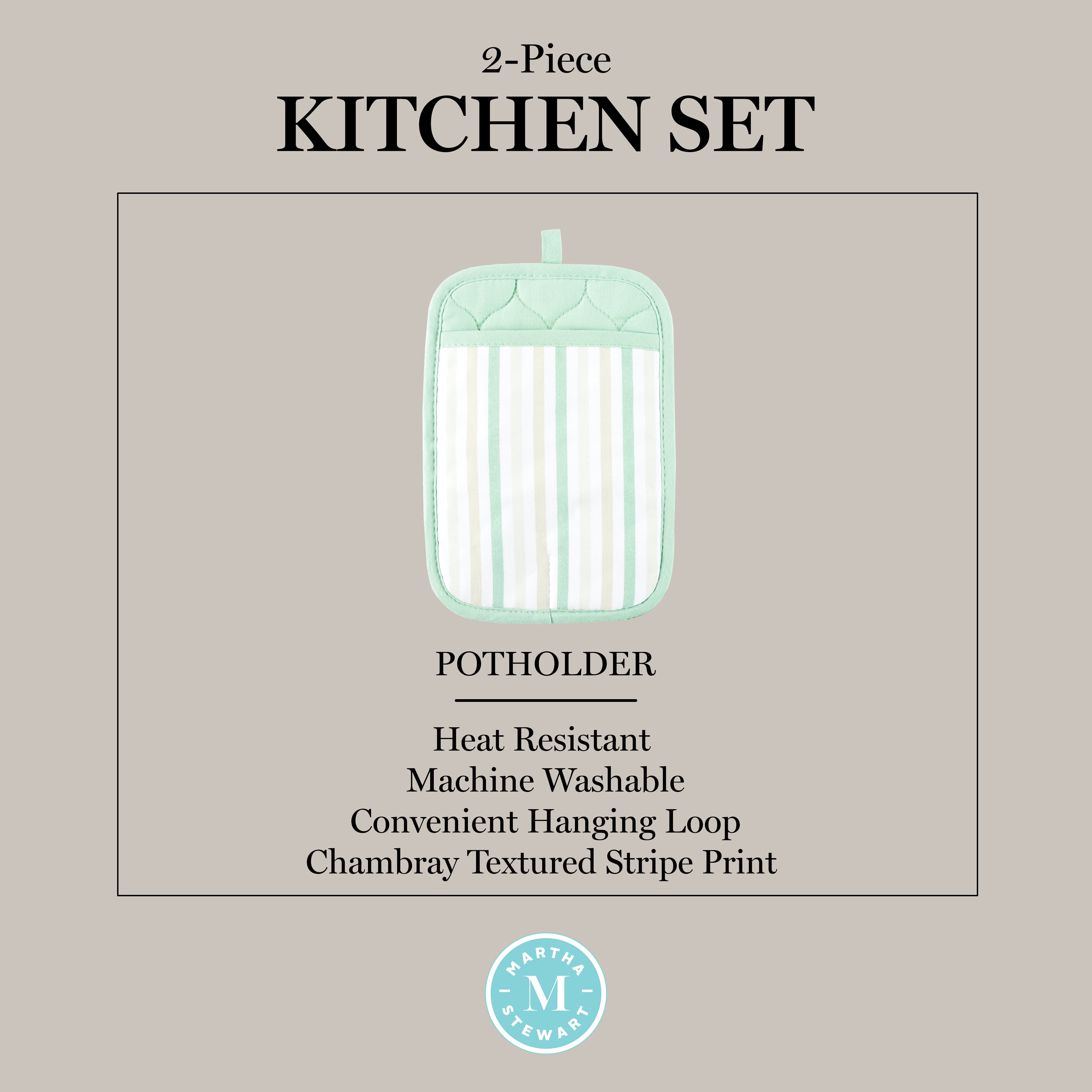 Martha Stewart Daisy Stripe Pot Holder Set 2-Pack, Green, 7"x10"