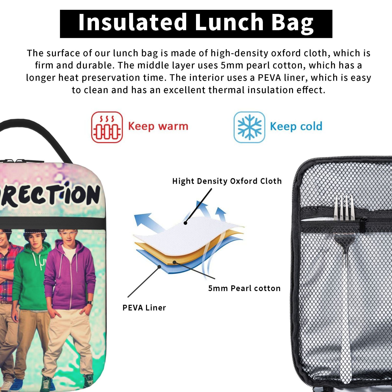 One Direction 1D Lunch Bag Insulated Portable Reusable Lunch Box With Zipper For Picnic Work Office Travel