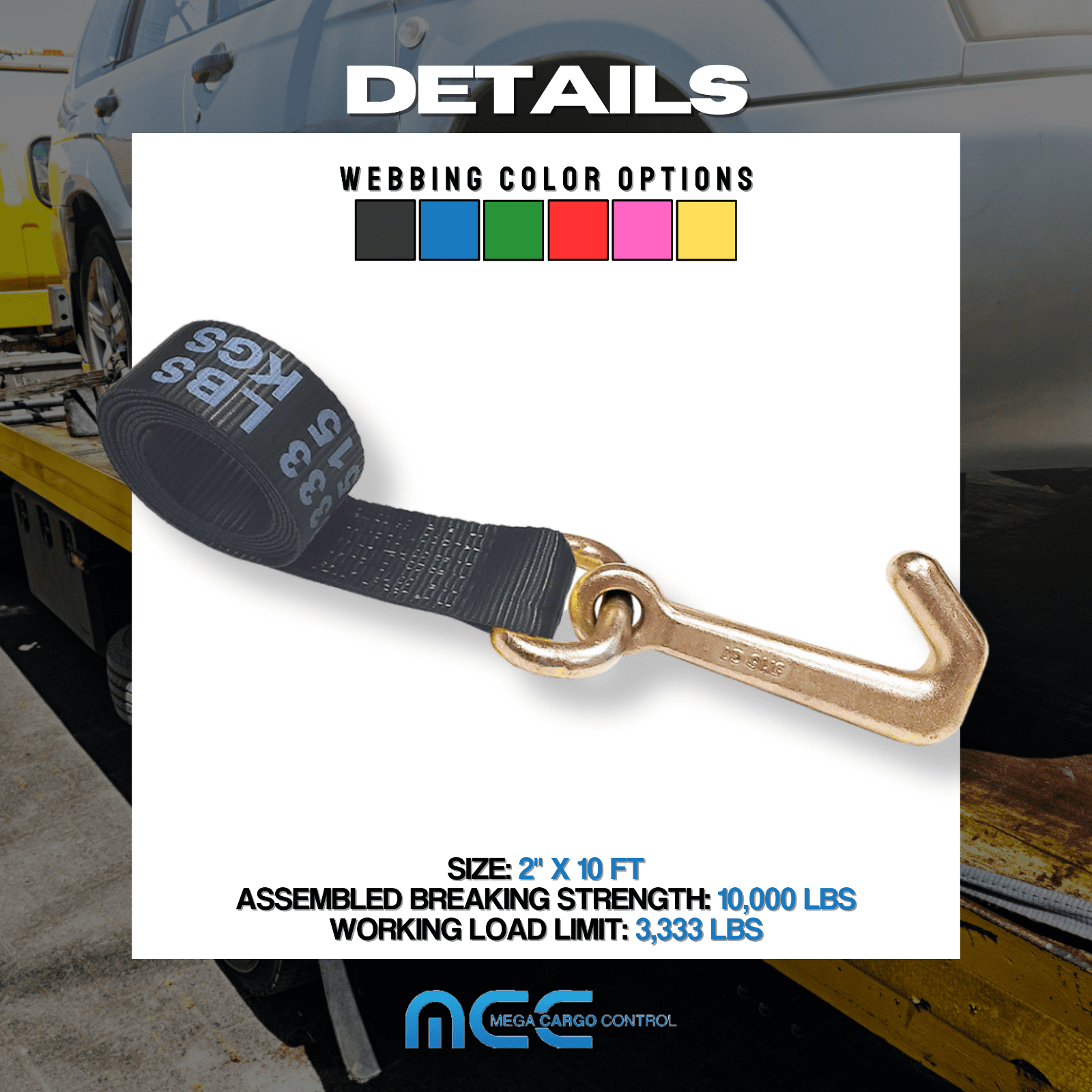 6 Pack Heavy Duty G70 2" x 10' Mini J Hook Towing Strap for Trailer Wrecker