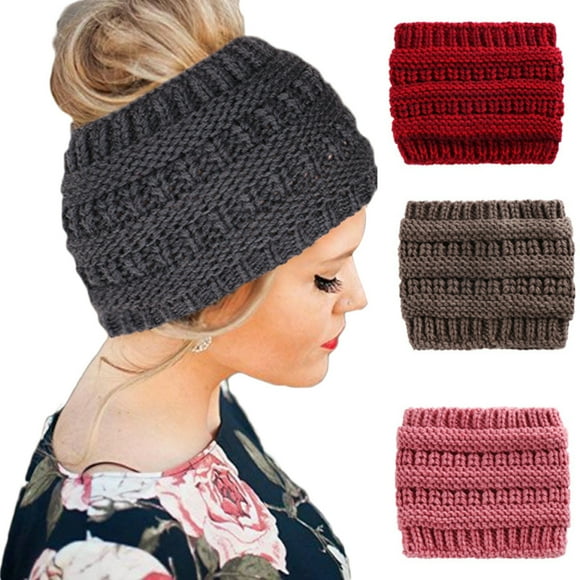 Trayknick Fashion Women Winter Ponytail Hole Hair Cap Elastic Woolen Knitted Hat Headwrap Grey