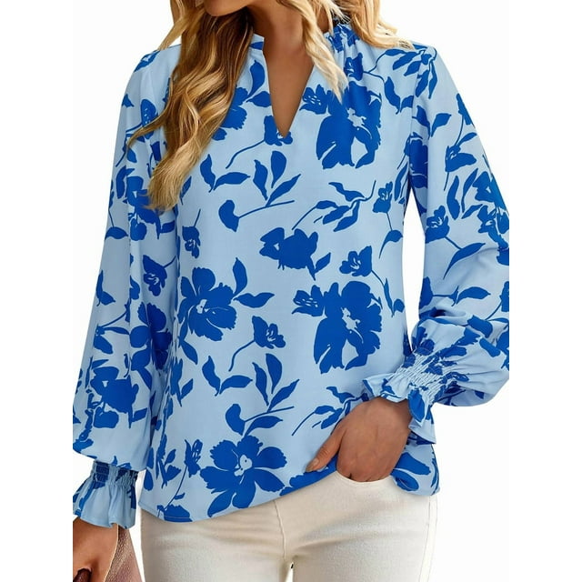 Blusa de Estilo Bohemio con Cuello en V y Mangas Largas, Estilo Floral, Informal, Holgada, de Verano, con Mangas Abullonadas para Mujer. Azul XXL