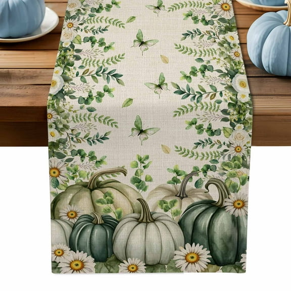 ERUNPONLY Green Pumpkin Fall Table Runner - 90 Inch Long Thanksgiving Eucalyptus Daisy Linen Cotton and Linen Blended Dress Scarves Farmhouse Table Runner for Kitchen Dining, Coffee Table, 13" x 90"