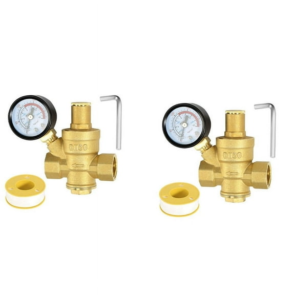 2X Water Pressure Regulator 3/4In with Gauge, Adjustable Water Pressure Reducing Valve for Water Pressure Regulator DN20