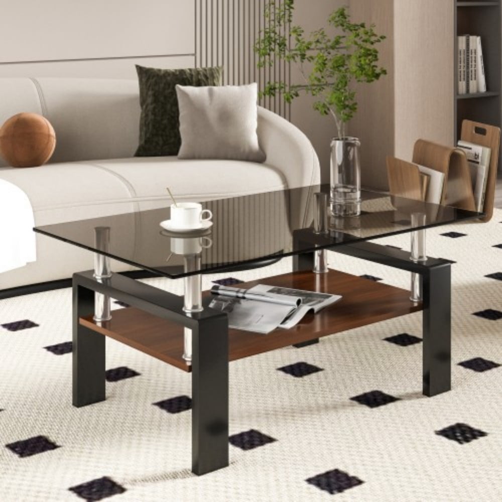 Rectangle Coffee Table, 39.2" Tempered Glass Tabletop with Grey MDF Storage Shelf and Iron Legs, Modern Clear Glass Center Table for Living Room, 220 lbs