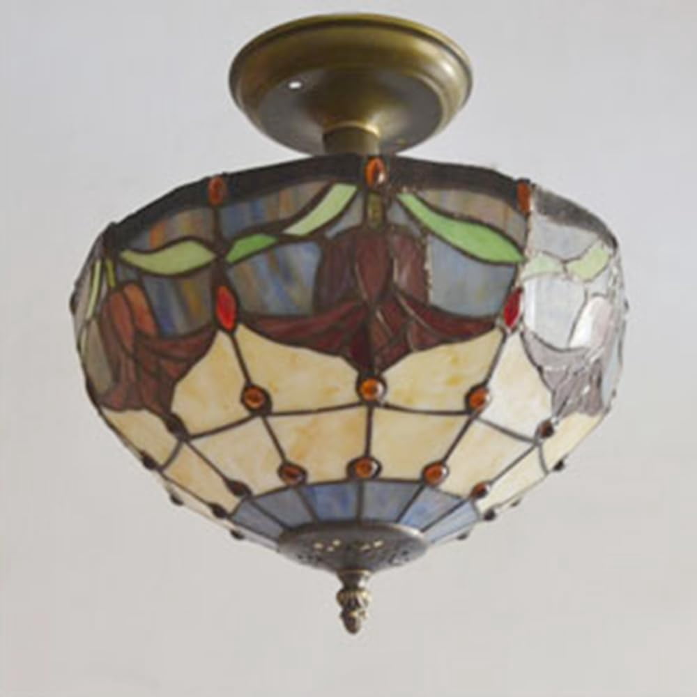Kiven 11.8in Plug-in Flush Mount Ceiling Light Fixture, 2-Light Anti Glare Close to Ceiling Light with 15FT Cord, Tiffany-Style Glass Chandelier Dimmable for Bedroom Kitchen Hallway(No.3189)