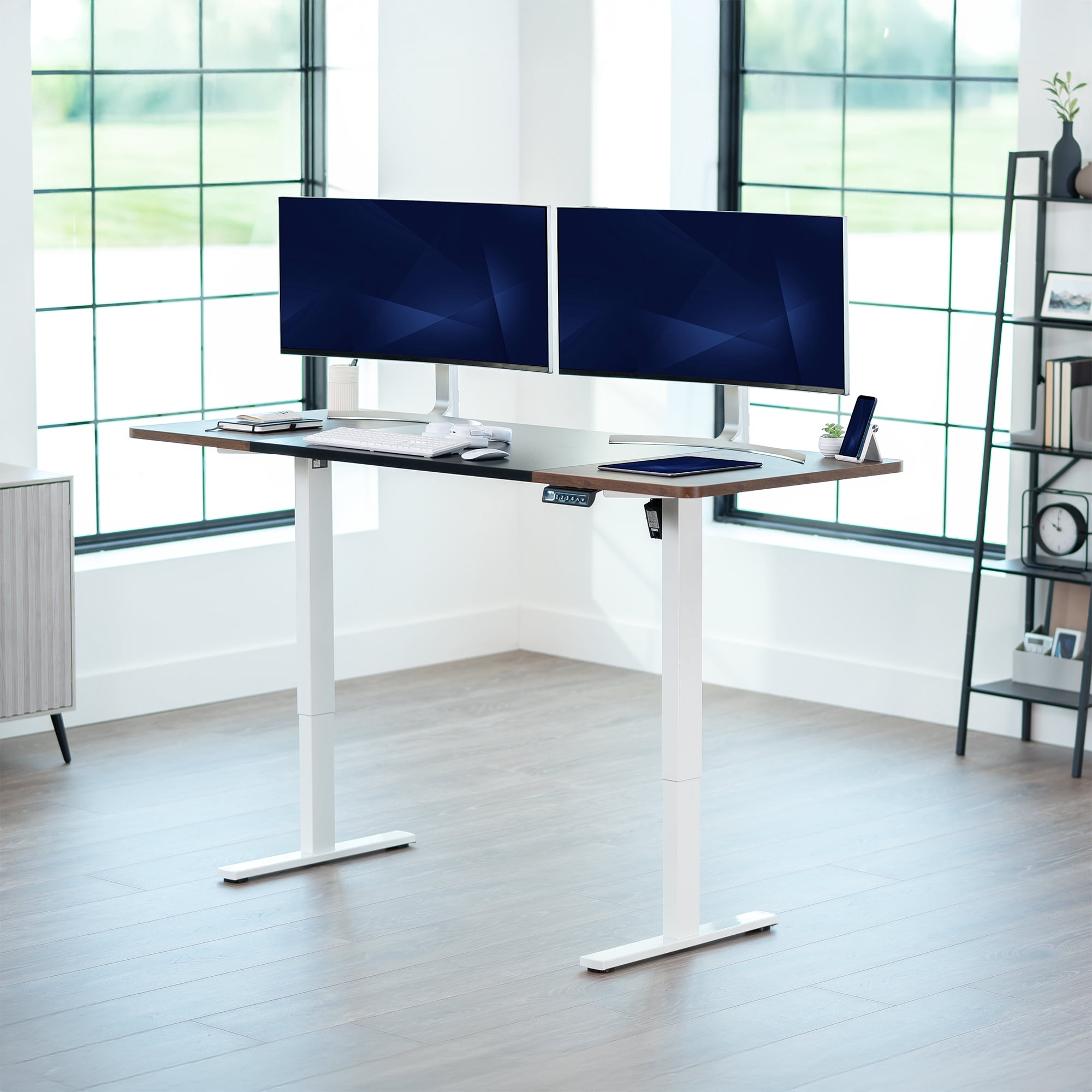 VIVO Electric 71” x 30” Desk, Black/Rustic Vintage Brown Table Top, White Frame