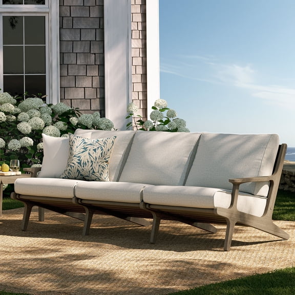 Modway Saratoga Outdoor Teak Wood Slatted Patio Sofa in Weathered Gray Pebble