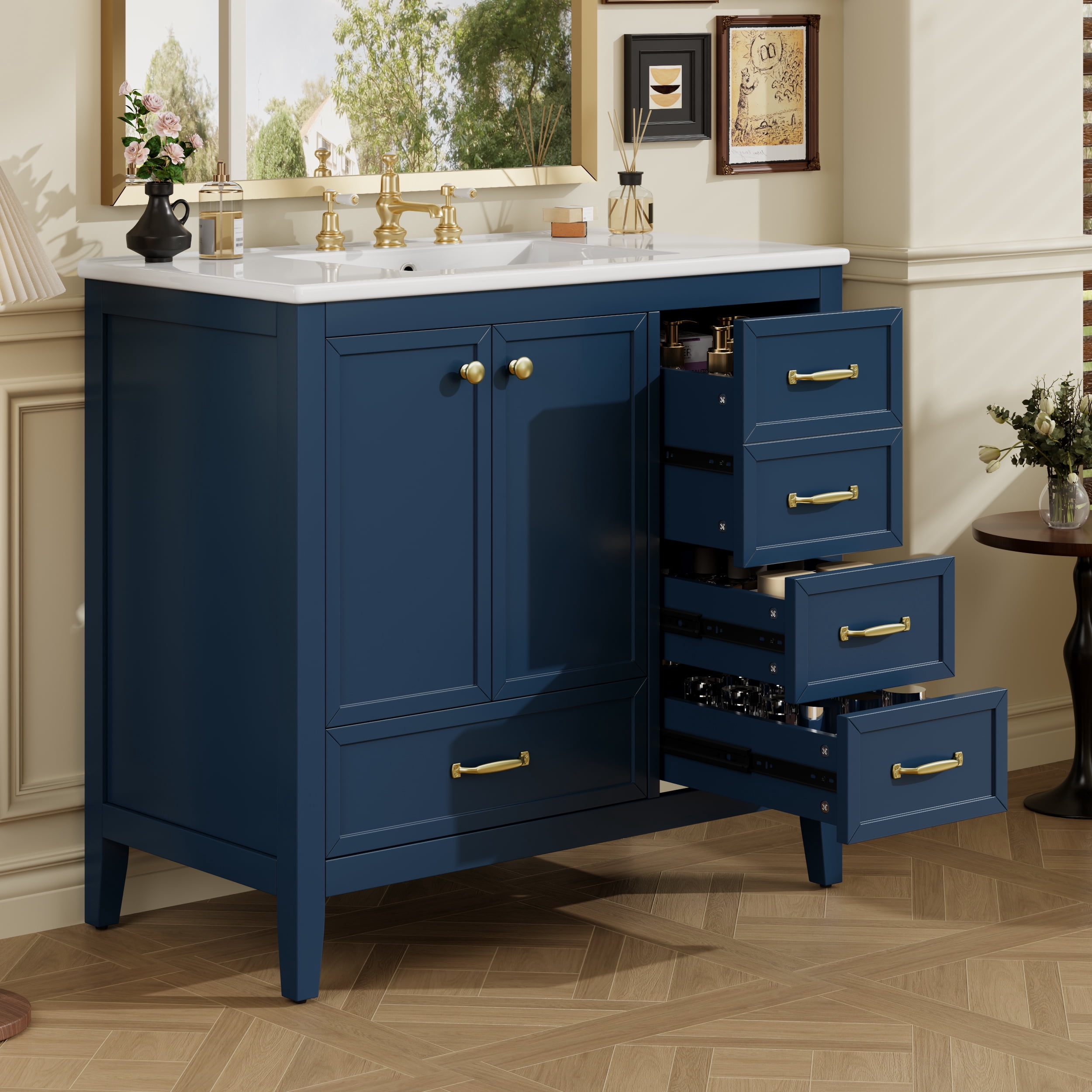 Euroco 36" Freestanding Bathroom Vanity with Ceramic Sink, Pine Wood Frame, Multi-Tier Storage & Soft-Close Drawers – Modern Cabinet with Open Back for Easy Plumbing (Faucet Not Included)