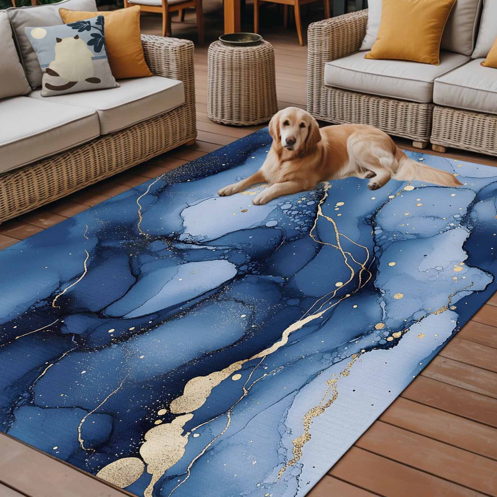 Outdoor Rug 5x8ft Onbre Blue Golden Marble Texture Large Area Rug Abstract Modern Art Indoor Outdoor Carpet Outdoor Rugs Mats for Patio Camping,RV,Front Door, Outside Decor