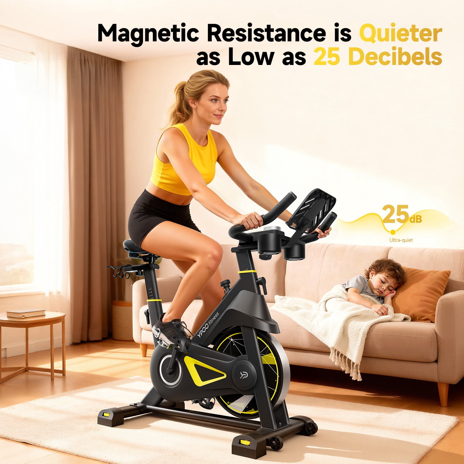 Magnetic Exercise Bike for Home, Quiet Indoor Cycling Bike with App & Heart Rate Monitor, 330LB Capacity, Adjustable Seat & Handlebars, Tablet Holder, Dumbbell Rack for Cardio Workout