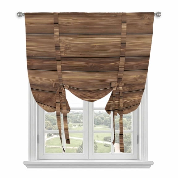 Vintage Wood Grain Tie Up Curtains for Windows, Adjustable Balloon Window Shades, Country Wooden Board Brown Kitchen Window Treatments Adjustable Roll Up Curtain for Basement/Nursery 52"x45"